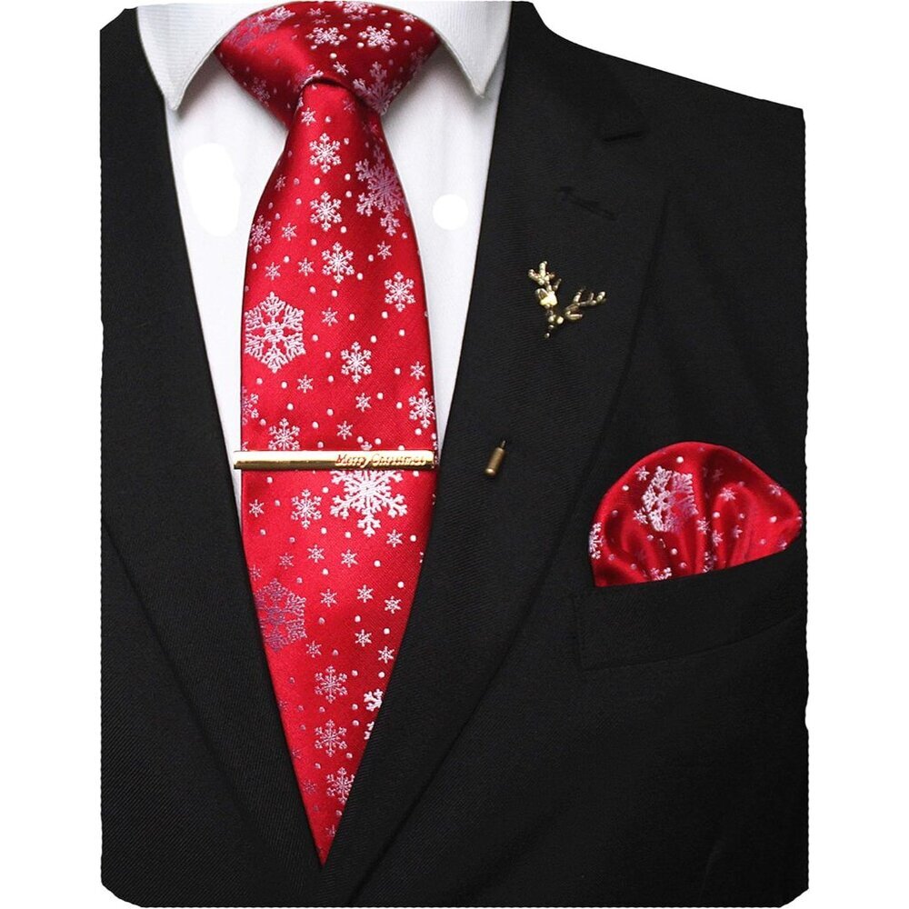 Festival Christmas Tie and Pocket Square with Tie Clip and lapel pin Set